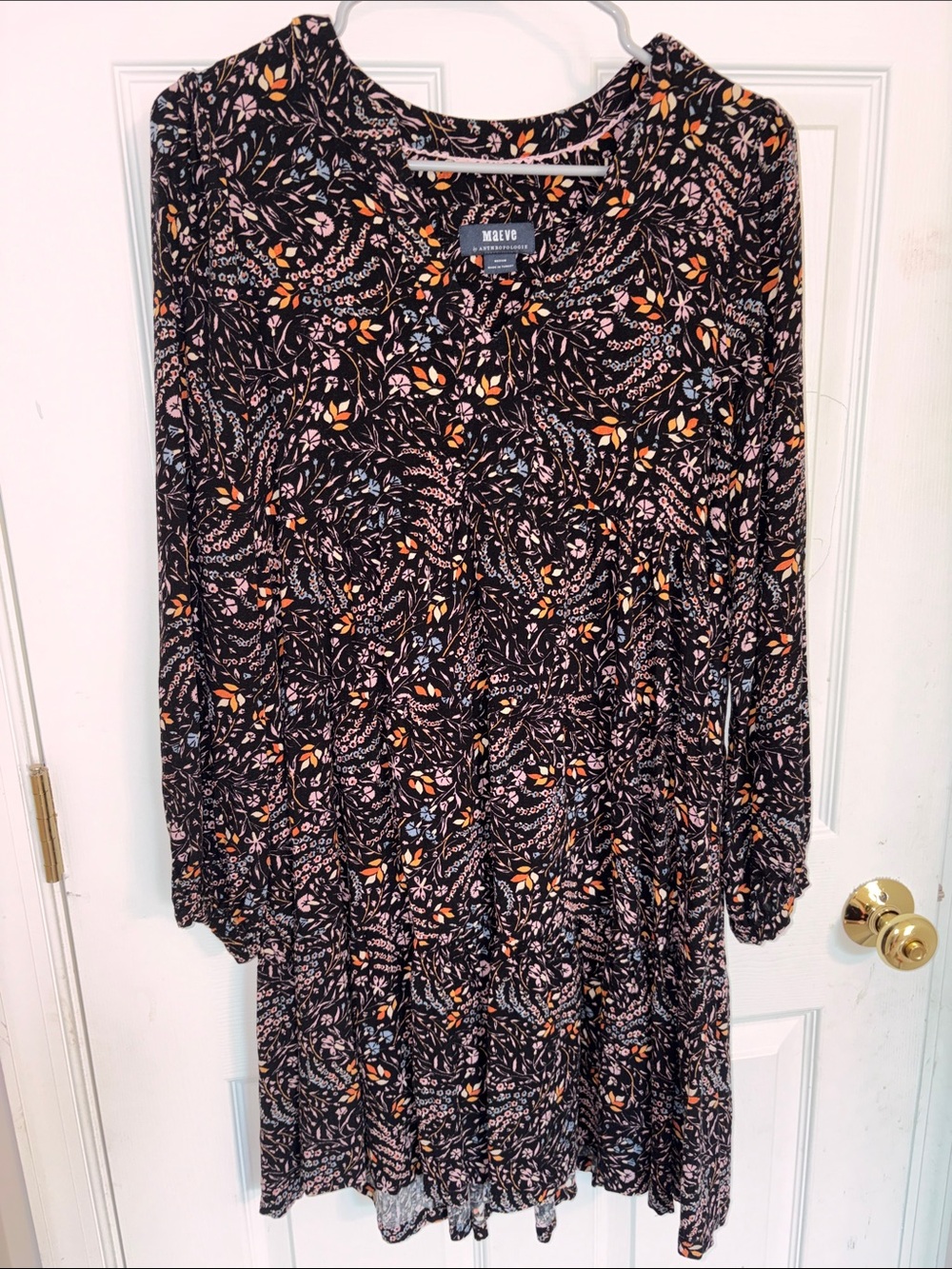 Maeve Black Floral Long-Sleeve Tiered Tunic Dress